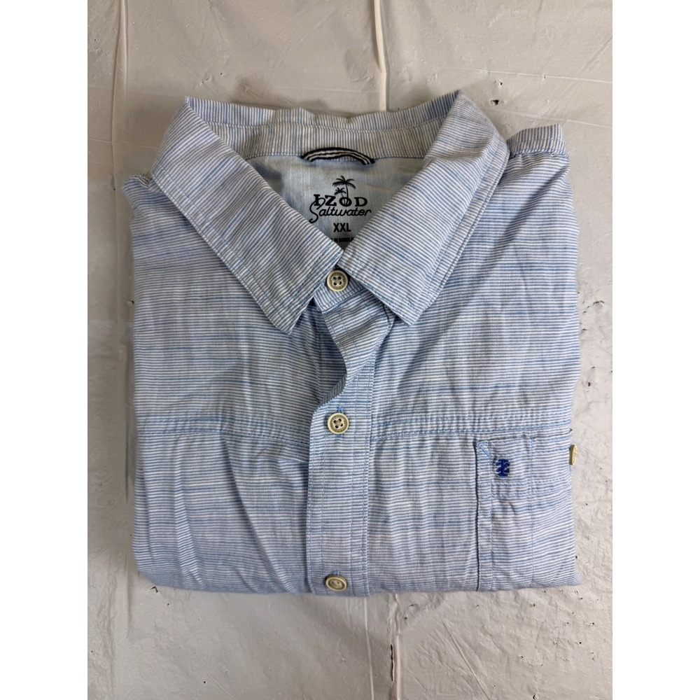 IZOD Saltwater Mens XXL Blue White Striped Short Sleeve Cotton Button Down Shirt
